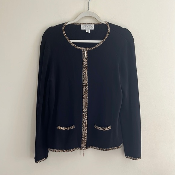Casual Corner Annex Cardigan Leopard Cheetah Black Fall L Double Zipper Y2k Fran - Picture 1 of 6
